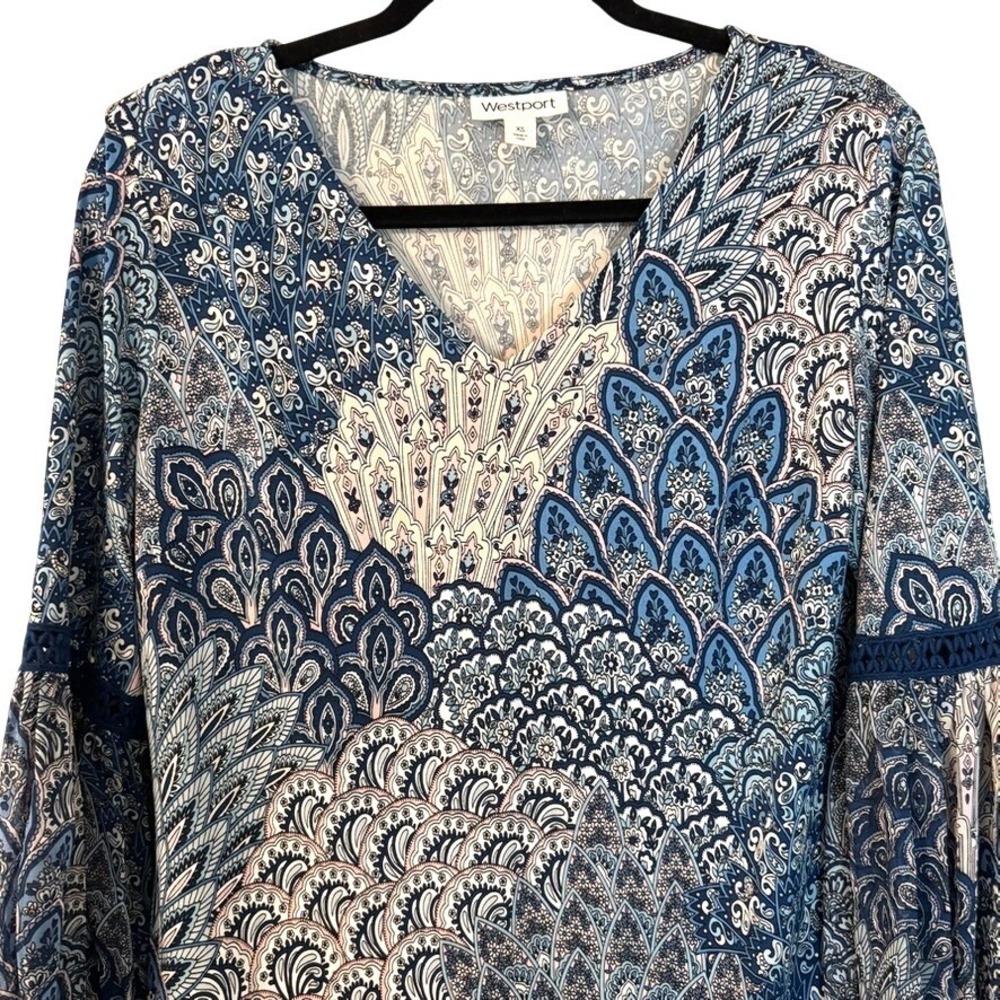 Westport Blue Pink Paisley Boho V-Neck Balloon Sleeve Mini Dress XS Boho Peacock - Picture 2 of 13